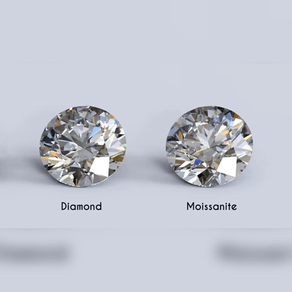 Comparison of round cut diamond and moissanite on a gray background